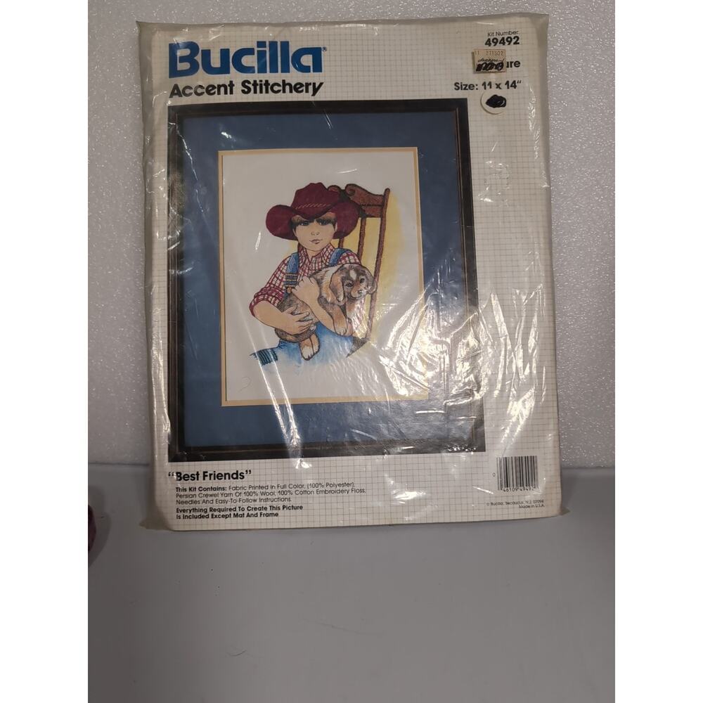 Vintage Bucilla Accent Stitchery Kit #49492 BEST FRIENDS Boy In Overalls
